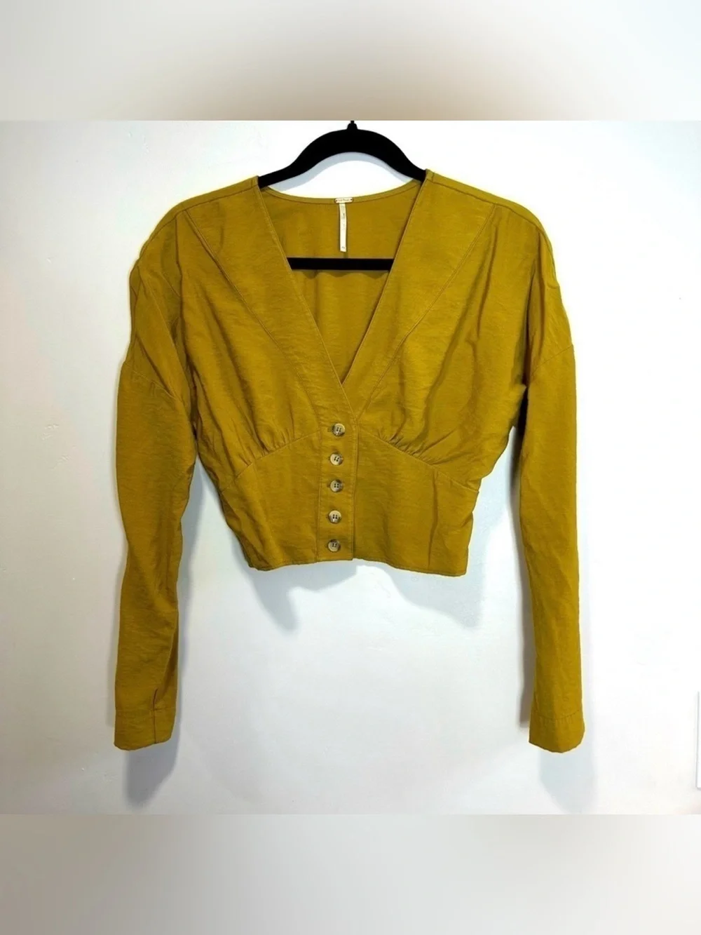 Free People Mustard Yellow V-Neck Button Front Blouse